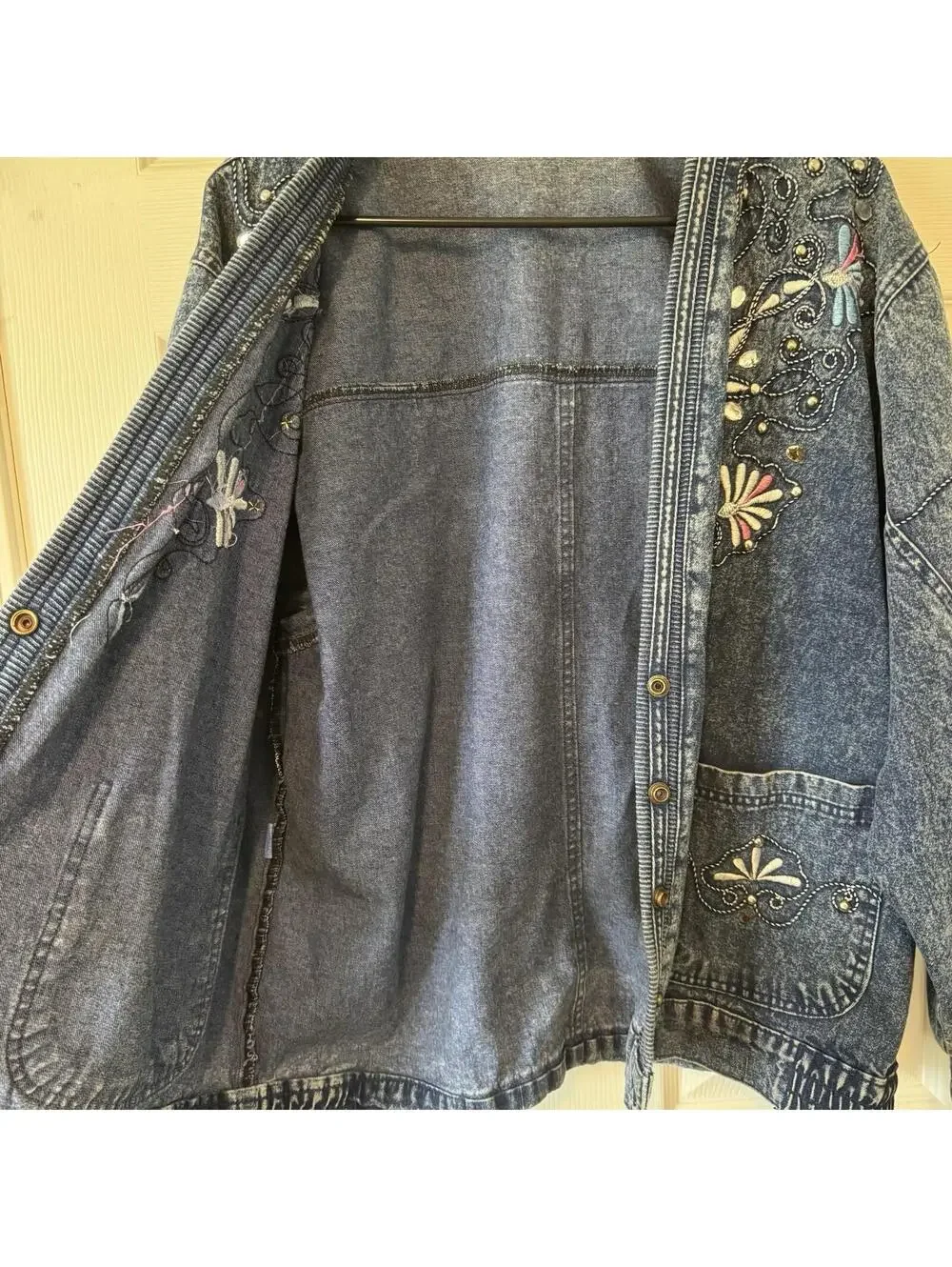 Vintage 90s Embellished Acid Wash Denim Jacket Oversized Cardigan Rhinesto Boho - Picture 7 of 9